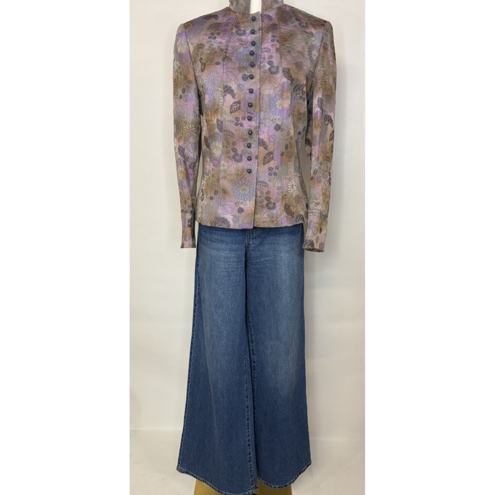 Tesori Floral Brocade Blazer Jacket Lavender Gold Mandarin Collar Size Small - Picture 2 of 11